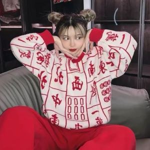 New Women's Asian L Chinese New Year Red Mahjong Sweater Knit Top Costume
